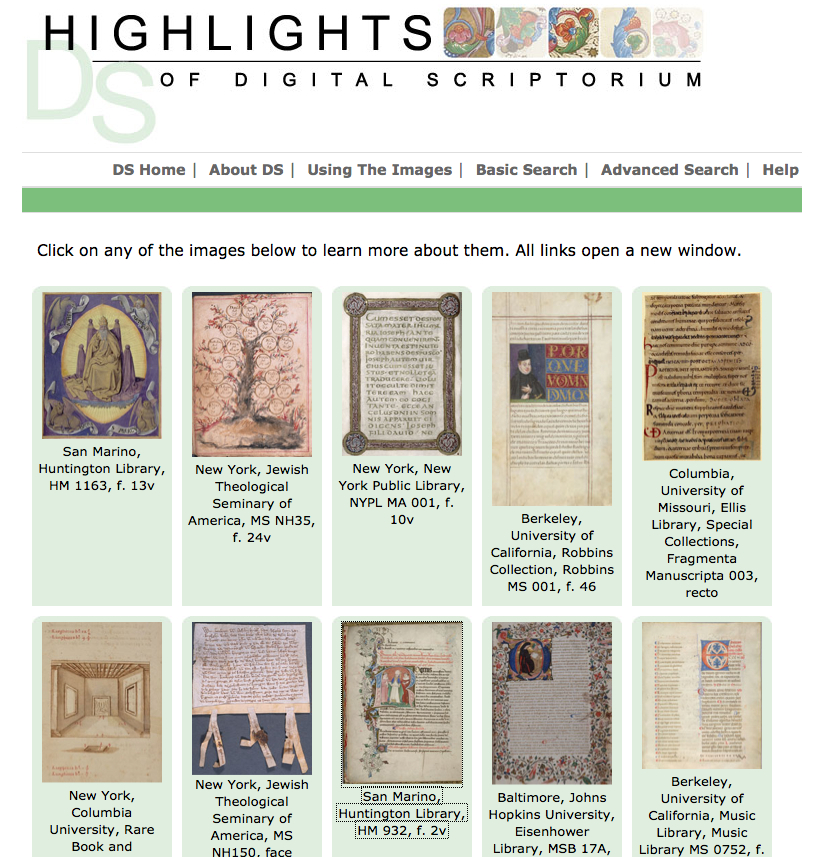 Detail of partial screen shot of digital scriptorium website (as of October 2013).  Please click on image to view entire image.